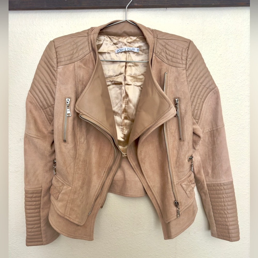Nude suede zip up jacket with pockets